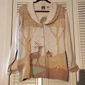 Like new! Vintage Storybook Knits cabin, forest & deer embellished lace sweater